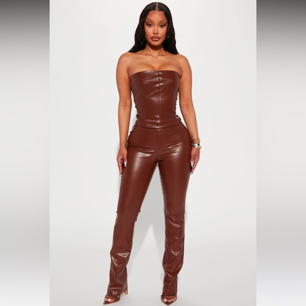 Turning Heads Faux Leather Pant Set - Brown - Large